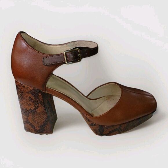 Clarks Mary Janes clogs Brown Leather Platform Straps Snakeskin Block Heel 9 M - Picture 14 of 16